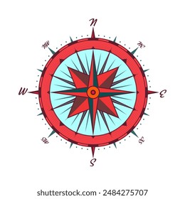 Antiguas marine wind rose, carta náutica. Colorida brújula de navegación con direcciones cardinales de Norte, Este, Sur, Oeste. Posición geográfica, cartografía y navegación. Ilustración vectorial