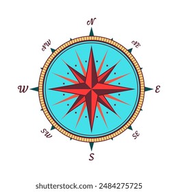 Antiguas marine wind rose, carta náutica. Colorida brújula de navegación con direcciones cardinales de Norte, Este, Sur, Oeste. Posición geográfica, cartografía y navegación. Ilustración vectorial