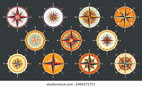 Antiguas marine wind rose, carta náutica. Colorida brújula de navegación con direcciones cardinales de Norte, Este, Sur, Oeste. Posición geográfica, cartografía y navegación. Ilustración vectorial