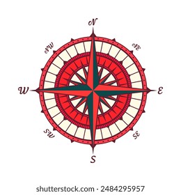 Antiguas marine wind rose, carta náutica. Colorida brújula de navegación con direcciones cardinales de Norte, Este, Sur, Oeste. Posición geográfica, cartografía y navegación. Ilustración vectorial