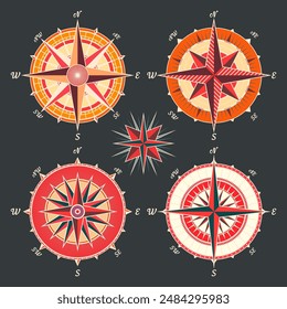 Antiguas marine wind rose, carta náutica. Colorida brújula de navegación con direcciones cardinales de Norte, Este, Sur, Oeste. Posición geográfica, cartografía y navegación. Ilustración vectorial