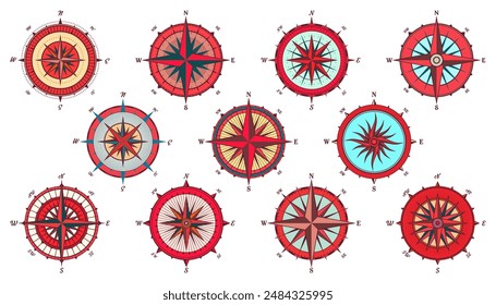 Antiguas marine wind rose, carta náutica. Colorida brújula de navegación con direcciones cardinales de Norte, Este, Sur, Oeste. Posición geográfica, cartografía y navegación. Ilustración vectorial