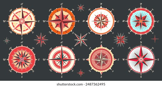 Antiguas marine wind rose, carta náutica. Colorida brújula de navegación con direcciones cardinales de Norte, Este, Sur, Oeste. Posición geográfica, cartografía y navegación. Ilustración vectorial