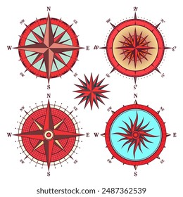 Antiguas marine wind rose, carta náutica. Colorida brújula de navegación con direcciones cardinales de Norte, Este, Sur, Oeste. Posición geográfica, cartografía y navegación. Ilustración vectorial