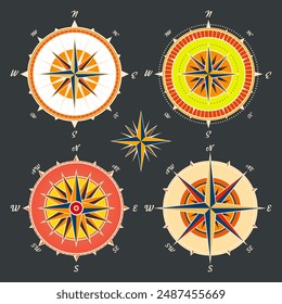 Antiguas marine wind rose, carta náutica. Colorida brújula de navegación con direcciones cardinales de Norte, Este, Sur, Oeste. Posición geográfica, cartografía y navegación. Ilustración vectorial