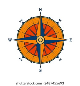 Antiguas marine wind rose, carta náutica. Colorida brújula de navegación con direcciones cardinales de Norte, Este, Sur, Oeste. Posición geográfica, cartografía y navegación. Ilustración vectorial