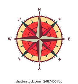 Antiguas marine wind rose, carta náutica. Colorida brújula de navegación con direcciones cardinales de Norte, Este, Sur, Oeste. Posición geográfica, cartografía y navegación. Ilustración vectorial