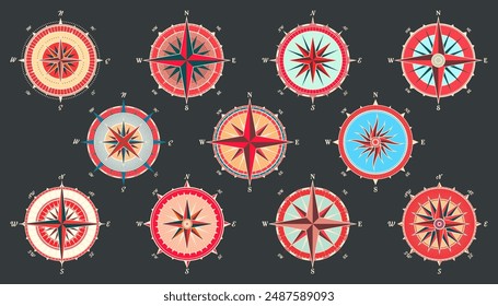 Antiguas marine wind rose, carta náutica. Colorida brújula de navegación con direcciones cardinales de Norte, Este, Sur, Oeste. Posición geográfica, cartografía y navegación. Ilustración vectorial