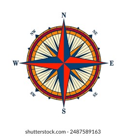 Antiguas marine wind rose, carta náutica. Colorida brújula de navegación con direcciones cardinales de Norte, Este, Sur, Oeste. Posición geográfica, cartografía y navegación. Ilustración vectorial