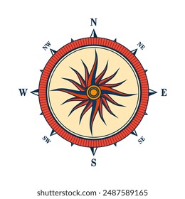 Antiguas marine wind rose, carta náutica. Colorida brújula de navegación con direcciones cardinales de Norte, Este, Sur, Oeste. Posición geográfica, cartografía y navegación. Ilustración vectorial