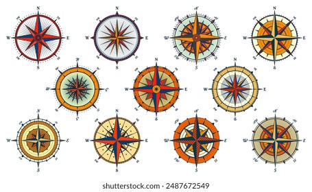 Antiguas marine wind rose, carta náutica. Colorida brújula de navegación con direcciones cardinales de Norte, Este, Sur, Oeste. Posición geográfica, cartografía y navegación. Ilustración vectorial