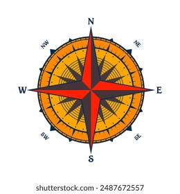 Antiguas marine wind rose, carta náutica. Colorida brújula de navegación con direcciones cardinales de Norte, Este, Sur, Oeste. Posición geográfica, cartografía y navegación. Ilustración vectorial