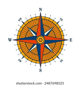 Antiguas marine wind rose, carta náutica. Colorida brújula de navegación con direcciones cardinales de Norte, Este, Sur, Oeste. Posición geográfica, cartografía y navegación. Ilustración vectorial