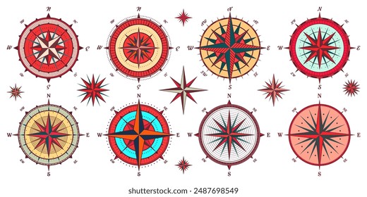 Antiguas marine wind rose, carta náutica. Colorida brújula de navegación con direcciones cardinales de Norte, Este, Sur, Oeste. Posición geográfica, cartografía y navegación. Ilustración vectorial