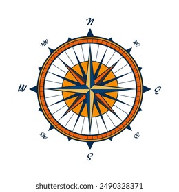 Antiguas marine wind rose, carta náutica. Colorida brújula de navegación con direcciones cardinales de Norte, Este, Sur, Oeste. Posición geográfica, cartografía y navegación. Ilustración vectorial