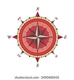 Antiguas marine wind rose, carta náutica. Colorida brújula de navegación con direcciones cardinales de Norte, Este, Sur, Oeste. Posición geográfica, cartografía y navegación. Ilustración vectorial