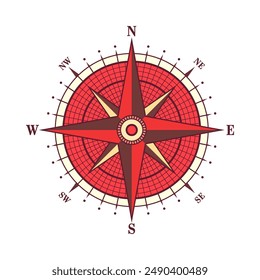 Antiguas marine wind rose, carta náutica. Colorida brújula de navegación con direcciones cardinales de Norte, Este, Sur, Oeste. Posición geográfica, cartografía y navegación. Ilustración vectorial