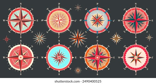 Antiguas marine wind rose, carta náutica. Colorida brújula de navegación con direcciones cardinales de Norte, Este, Sur, Oeste. Posición geográfica, cartografía y navegación. Ilustración vectorial