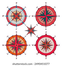 Antiguas marine wind rose, carta náutica. Colorida brújula de navegación con direcciones cardinales de Norte, Este, Sur, Oeste. Posición geográfica, cartografía y navegación. Ilustración vectorial