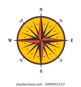 Antiguas marine wind rose, carta náutica. Colorida brújula de navegación con direcciones cardinales de Norte, Este, Sur, Oeste. Posición geográfica, cartografía y navegación. Ilustración vectorial