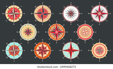 Antiguas marine wind rose, carta náutica. Colorida brújula de navegación con direcciones cardinales de Norte, Este, Sur, Oeste. Posición geográfica, cartografía y navegación. Ilustración vectorial