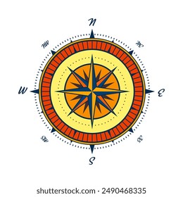 Antiguas marine wind rose, carta náutica. Colorida brújula de navegación con direcciones cardinales de Norte, Este, Sur, Oeste. Posición geográfica, cartografía y navegación. Ilustración vectorial