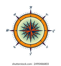 Antiguas marine wind rose, carta náutica. Colorida brújula de navegación con direcciones cardinales de Norte, Este, Sur, Oeste. Posición geográfica, cartografía y navegación. Ilustración vectorial