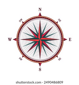 Antiguas marine wind rose, carta náutica. Colorida brújula de navegación con direcciones cardinales de Norte, Este, Sur, Oeste. Posición geográfica, cartografía y navegación. Ilustración vectorial