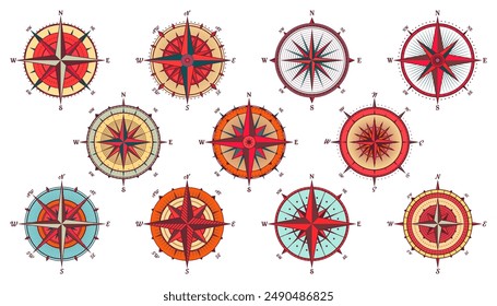 Antiguas marine wind rose, carta náutica. Colorida brújula de navegación con direcciones cardinales de Norte, Este, Sur, Oeste. Posición geográfica, cartografía y navegación. Ilustración vectorial