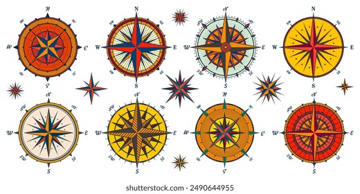 Antiguas marine wind rose, carta náutica. Colorida brújula de navegación con direcciones cardinales de Norte, Este, Sur, Oeste. Posición geográfica, cartografía y navegación. Ilustración vectorial