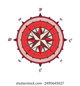 Antiguas marine wind rose, carta náutica. Colorida brújula de navegación con direcciones cardinales de Norte, Este, Sur, Oeste. Posición geográfica, cartografía y navegación. Ilustración vectorial