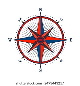 Antiguas marine wind rose, carta náutica. Colorida brújula de navegación con direcciones cardinales de Norte, Este, Sur, Oeste. Posición geográfica, cartografía y navegación. Ilustración vectorial