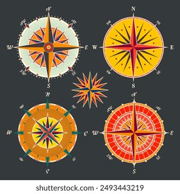 Antiguas marine wind rose, carta náutica. Colorida brújula de navegación con direcciones cardinales de Norte, Este, Sur, Oeste. Posición geográfica, cartografía y navegación. Ilustración vectorial