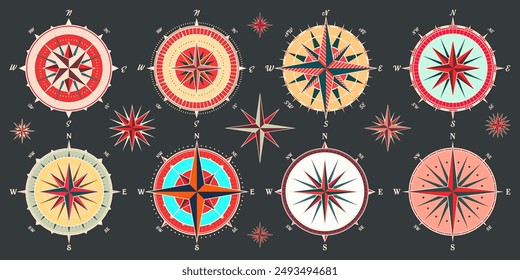 Antiguas marine wind rose, carta náutica. Colorida brújula de navegación con direcciones cardinales de Norte, Este, Sur, Oeste. Posición geográfica, cartografía y navegación. Ilustración vectorial