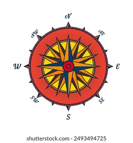 Antiguas marine wind rose, carta náutica. Colorida brújula de navegación con direcciones cardinales de Norte, Este, Sur, Oeste. Posición geográfica, cartografía y navegación. Ilustración vectorial