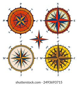 Antiguas marine wind rose, carta náutica. Colorida brújula de navegación con direcciones cardinales de Norte, Este, Sur, Oeste. Posición geográfica, cartografía y navegación. Ilustración vectorial