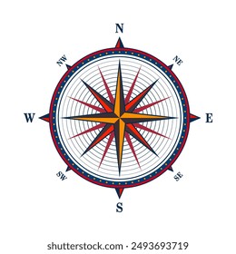 Antiguas marine wind rose, carta náutica. Colorida brújula de navegación con direcciones cardinales de Norte, Este, Sur, Oeste. Posición geográfica, cartografía y navegación. Ilustración vectorial