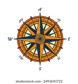 Antiguas marine wind rose, carta náutica. Colorida brújula de navegación con direcciones cardinales de Norte, Este, Sur, Oeste. Posición geográfica, cartografía y navegación. Ilustración vectorial