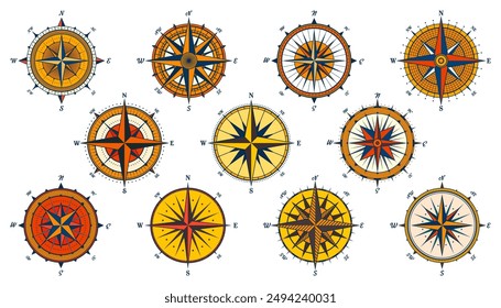 Antiguas marine wind rose, carta náutica. Colorida brújula de navegación con direcciones cardinales de Norte, Este, Sur, Oeste. Posición geográfica, cartografía y navegación. Ilustración vectorial.