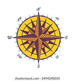 Antiguas marine wind rose, carta náutica. Colorida brújula de navegación con direcciones cardinales de Norte, Este, Sur, Oeste. Posición geográfica, cartografía y navegación. Ilustración vectorial.