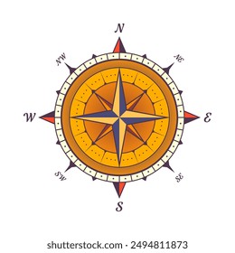 Antiguas marine wind rose, carta náutica. Colorida brújula de navegación con direcciones cardinales de Norte, Este, Sur, Oeste. Posición geográfica, cartografía y navegación. Ilustración vectorial.