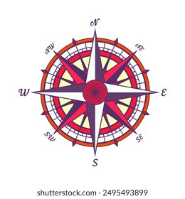 Antiguas marine wind rose, carta náutica. Colorida brújula de navegación con direcciones cardinales de Norte, Este, Sur, Oeste. Posición geográfica, cartografía y navegación. Ilustración vectorial.