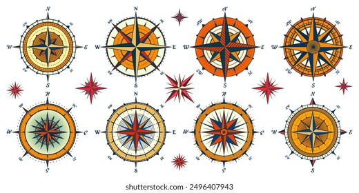 Antiguas Marine Wind Rose, carta náutica. Brújula de navegación colorida con direcciones cardinales de Norte, Este, Sur, Oeste. Posición geográfica, cartografía y navegación. Ilustración vectorial