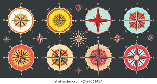 Antiguas Marine Wind Rose, carta náutica. Brújula de navegación colorida con direcciones cardinales de Norte, Este, Sur, Oeste. Posición geográfica, cartografía y navegación. Ilustración vectorial