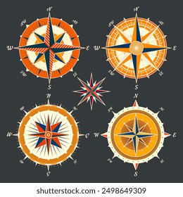 Antiguas Marine Wind Rose, carta náutica. Brújula de navegación colorida con direcciones cardinales de Norte, Este, Sur, Oeste. Posición geográfica, cartografía y navegación. Ilustración vectorial