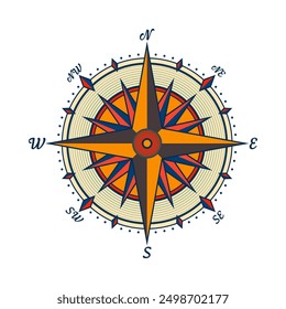 Antiguas Marine Wind Rose, carta náutica. Brújula de navegación colorida con direcciones cardinales de Norte, Este, Sur, Oeste. Posición geográfica, cartografía y navegación. Ilustración vectorial