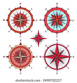 Antiguas Marine Wind Rose, carta náutica. Brújula de navegación colorida con direcciones cardinales de Norte, Este, Sur, Oeste. Posición geográfica, cartografía y navegación. Ilustración vectorial