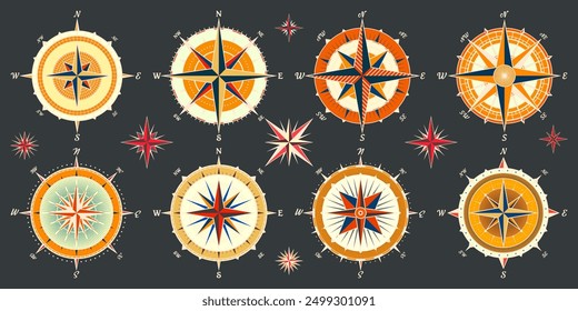 Antiguas Marine Wind Rose, carta náutica. Brújula de navegación colorida con direcciones cardinales de Norte, Este, Sur, Oeste. Posición geográfica, cartografía y navegación. Ilustración vectorial