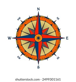 Antiguas Marine Wind Rose, carta náutica. Brújula de navegación colorida con direcciones cardinales de Norte, Este, Sur, Oeste. Posición geográfica, cartografía y navegación. Ilustración vectorial