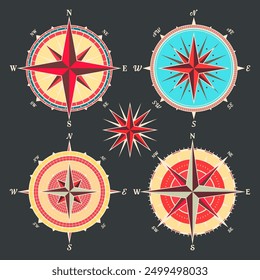 Antiguas Marine Wind Rose, carta náutica. Brújula de navegación colorida con direcciones cardinales de Norte, Este, Sur, Oeste. Posición geográfica, cartografía y navegación. Ilustración vectorial